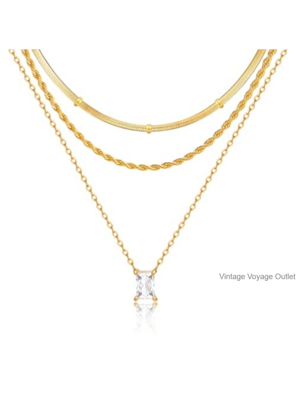 3 Pack Layered Necklace Set Stainless Steel Gold Finish CZ Pendant Choker